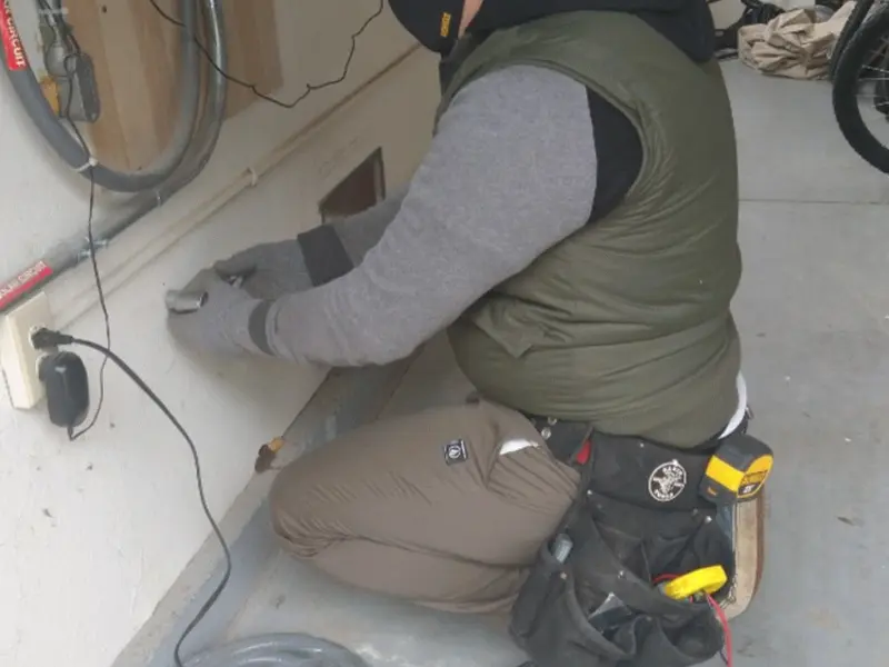 Electrician performing outlet wiring in a Lower Chichester garage
